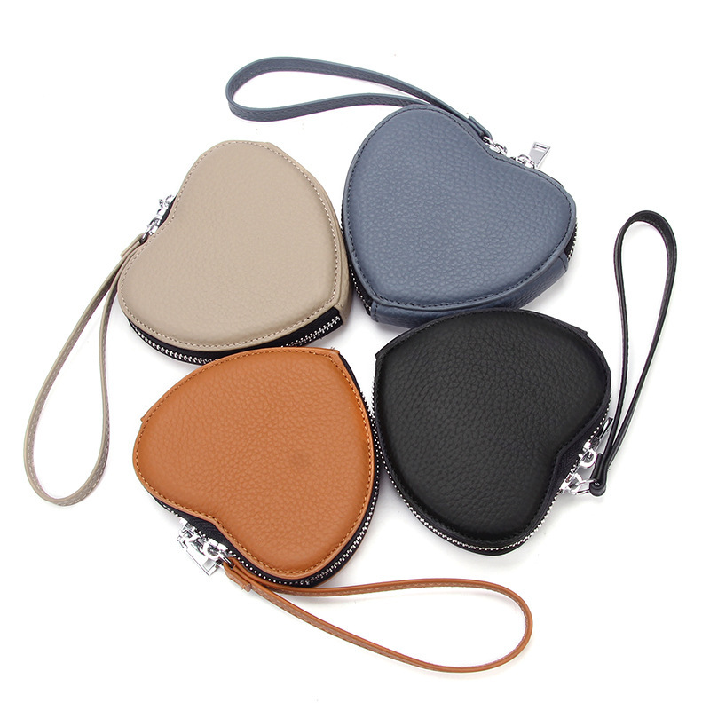 Top Layer Cowhide Korean Style Cute Hand Carrying Heart-shaped Coin Purse Genuine Leather Storage Coin Earphone Lipstick Coin Bag Women