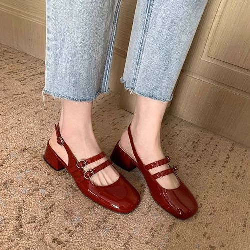 French Retro Square Head Double Buckle Backless Sandals Summer Fashion Retro Versatile Thick Heel Mary Jane Single Shoes