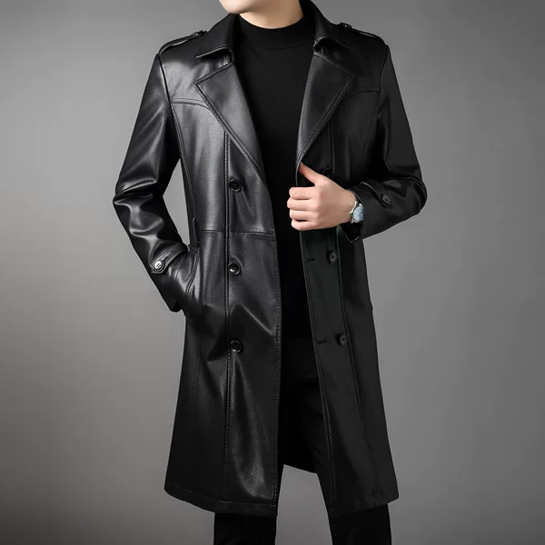 Men's Long Leather Jacket Autumn and Winter New Style Fleece-Lined Double-Breasted Business Casual Belt Leather Outwear Leather Windbreaker Men's Jacket