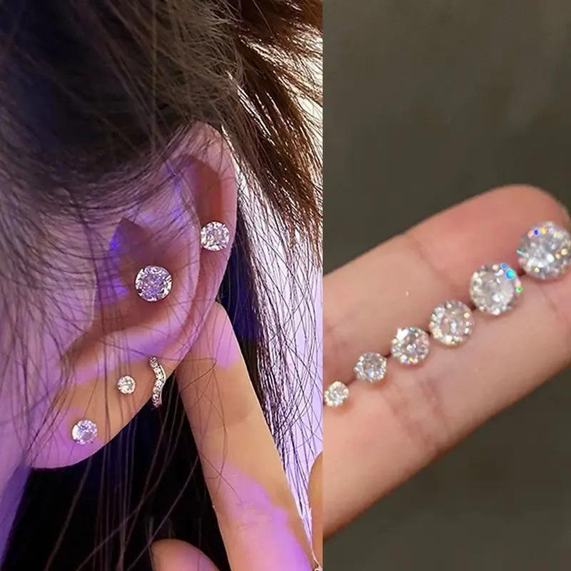 925 Silver Needle Fashion Ear Stud Flash Zircon Ear Bone Stud Simple Rhinestone Sleeping Free Earrings Earrings Ins