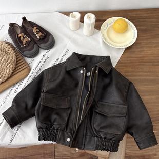 Children's Retro Hong Kong Style Leather Jacket Autum American Street Jacket for Boys and Girls, Fashionable Classic Top