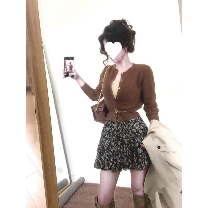2025早秋新款韩系风设计感小众针织开衫女时尚简约碎花短裙两件套|undefined