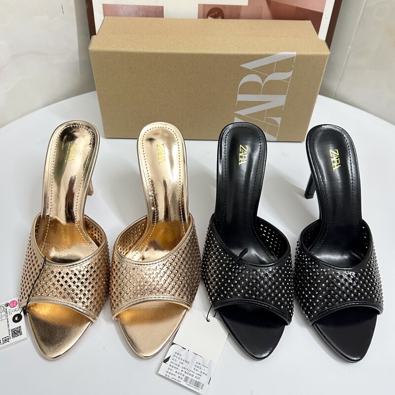 Za2025 Winter High Heels Women's Golden Iron Toe Ladies Black Women's Shoes Stiletto Sexy Small Square Toe Toe Sandals