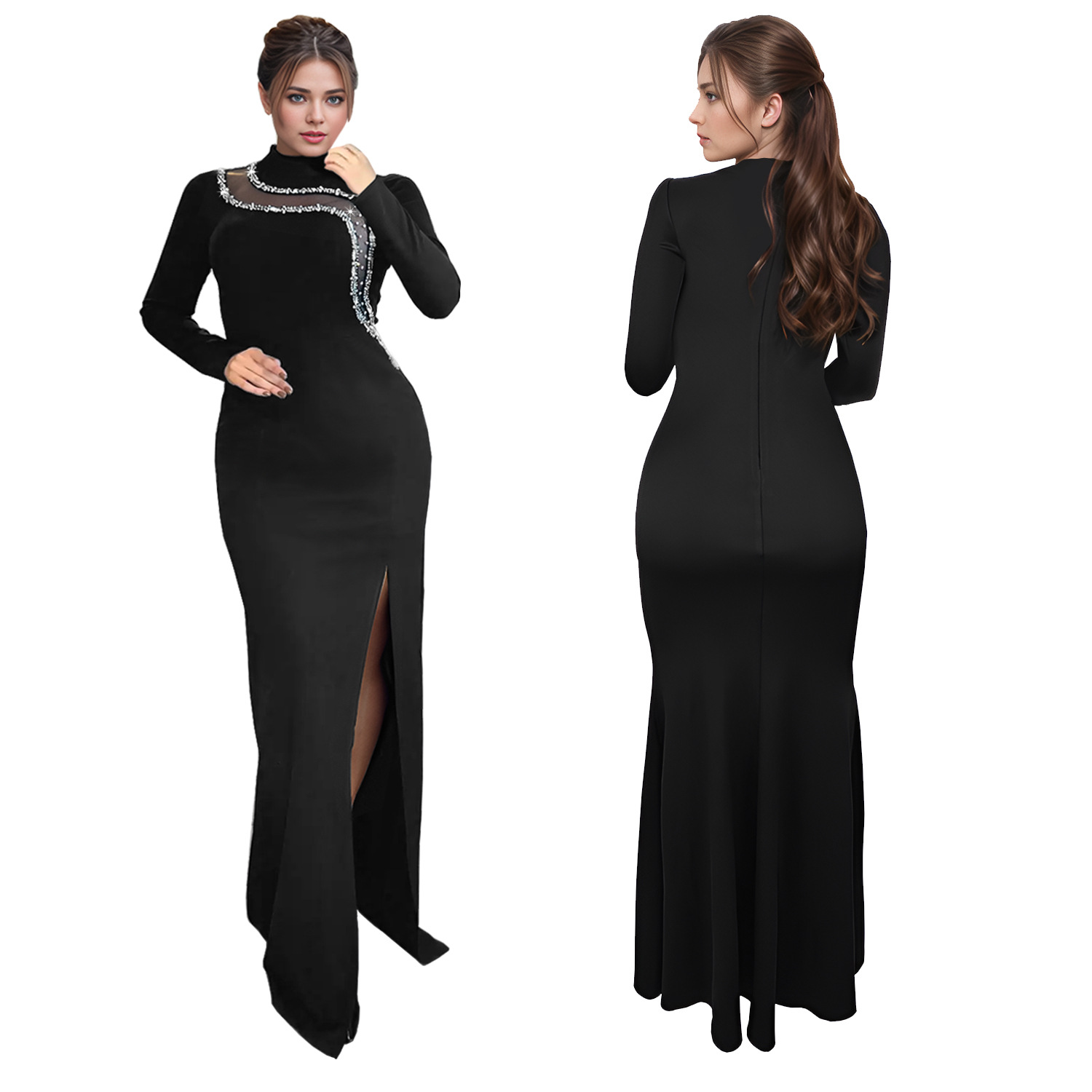 C7297 Cross-border AliExpress Amazon Moda europea y americana Vestido de manga larga con cadena de diamantes de corte delgado sexy para mujer