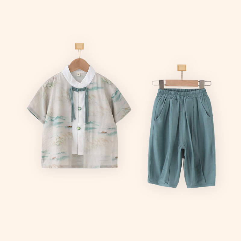 兒童漢服男童短袖套裝夏季國風新中式假兩件五六一幼兒園演出服裝