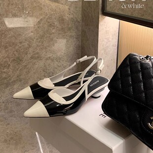 Grape Mom's Elegant Small Pointed Color-matching Baotou Rear Empty Sandals Slimming Low-heeled Shoes for Commuter