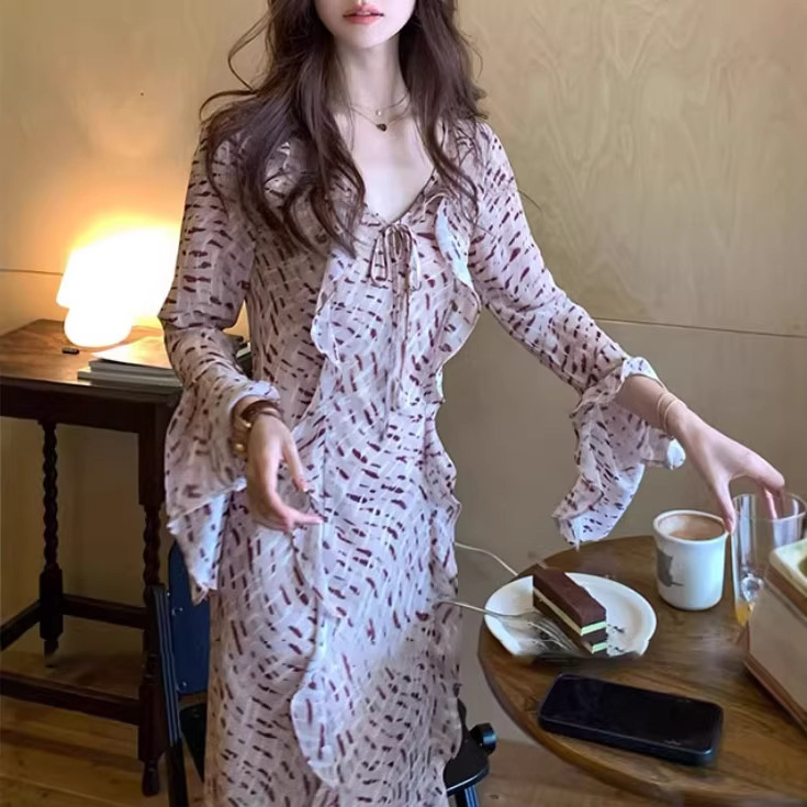 Talia Fashionable Resort-Style Ruffled Tie-Waist Bell-Sleeve Printed Dress for Women