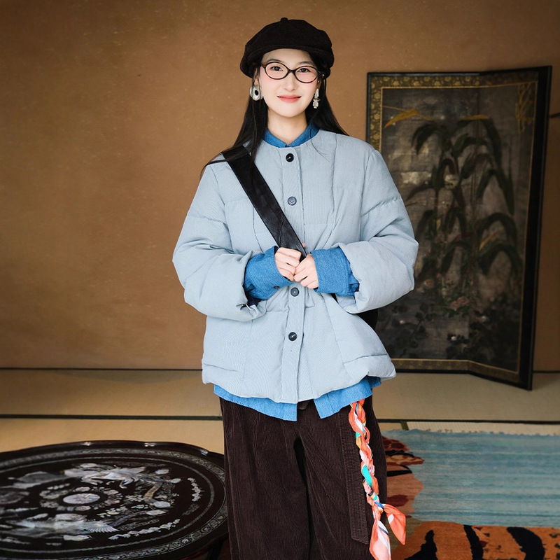 New Chinese Style down Jacket 90% down Women's White Duck down Short Warm Corduroy Winter Fleece-Lined Cotton Coat C1115