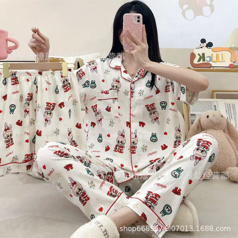 Cartoon Labubu Summer New Pajamas for Women, Cloud Cotton Turn-Down Collar Short-Sleeve Shorts and Long Pants Three-Piece Home Wear Set for Summer Cartoon Labubu Summer New Pajamas for Women, Cloud Cotton Turn-Down Collar Short-Sleeve Shorts and Long Pants Three-Piece Home Wear Set for Summer