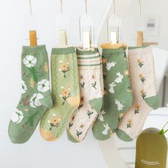 5雙裝 東大門韓版日系學院風可愛兔子花朵綠色系棉襪中筒襪子女