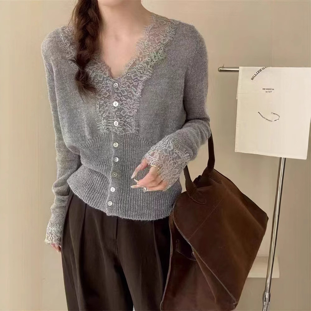 한국 스타일 레이스 스티칭 디자인 센스 V 넥 스웨터 여성의 패셔너블 내부 슬림핏 슬리밍 긴 소매베이스 니트 카디건