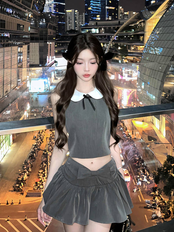 2025巨美微胖甜辣妹蝴蝶结娃娃领无袖上衣女夏季褶皱低腰短裙套装|undefined