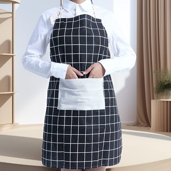Kitchen Cotton and Linen Apron Oil-proof Thickened Waist Cooking Clothing Korean Fashion Simple Adult Plaid Overalls