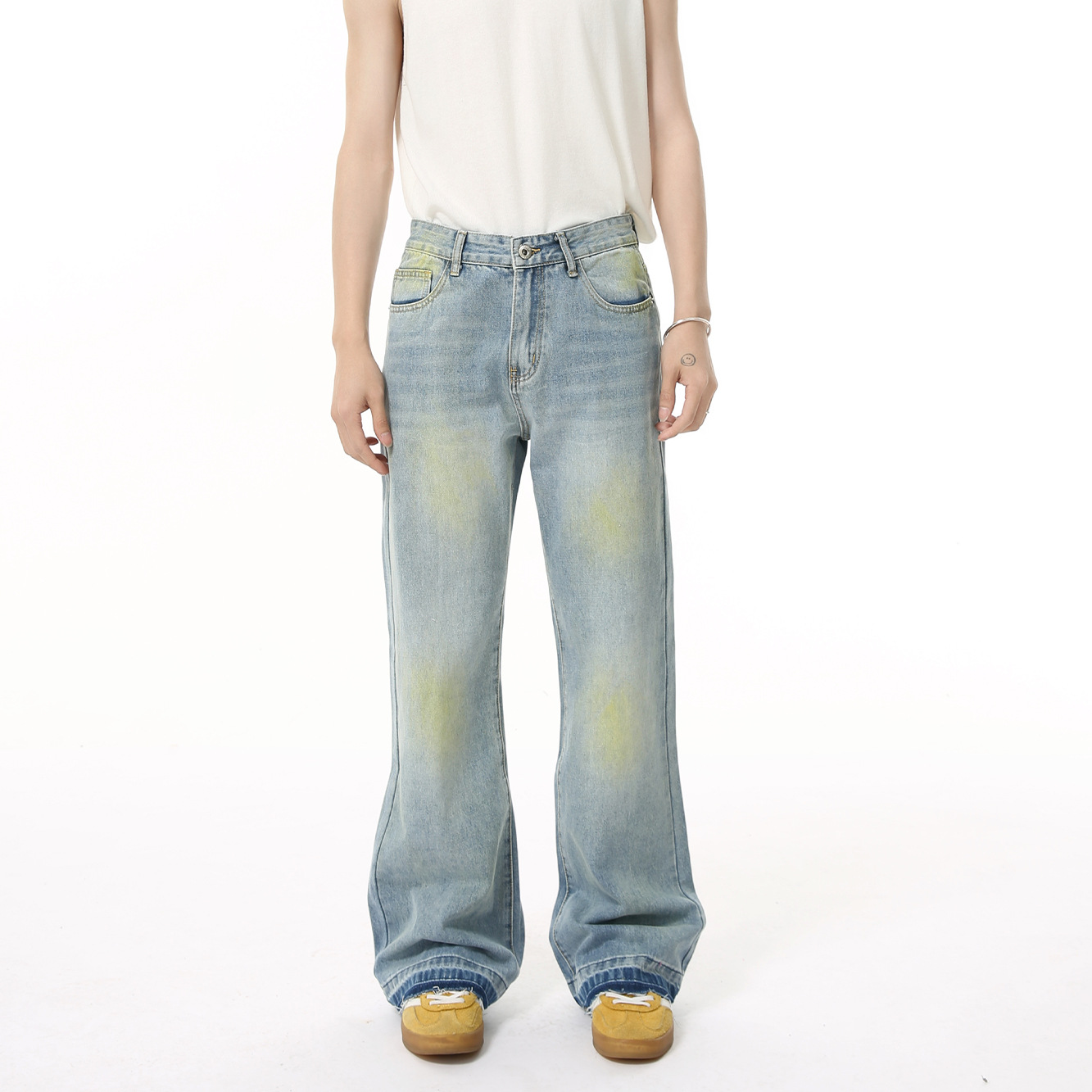 Men's Clothing Korean Street Style Distressed Tie Dye Cleanfit All Match Slightly Flared Washed Jeans Trend_mkmklike.com