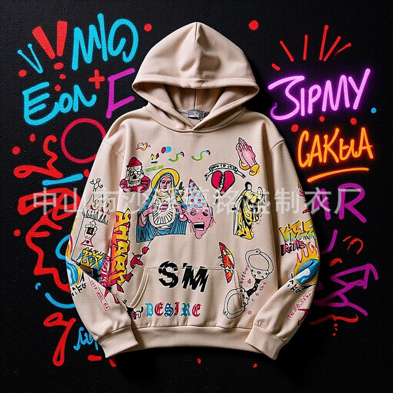 American Street Fashion L New Paint Splash Graffiti Cartoon Sweatshirt Men's Cross-Border Autumn and Winter Men's Curled Hooded Jacket American Street Fashion L New Paint Splash Graffiti Cartoon Sweatshirt Men's Cross-Border Autumn and Winter Men's Curled Hooded Jacket