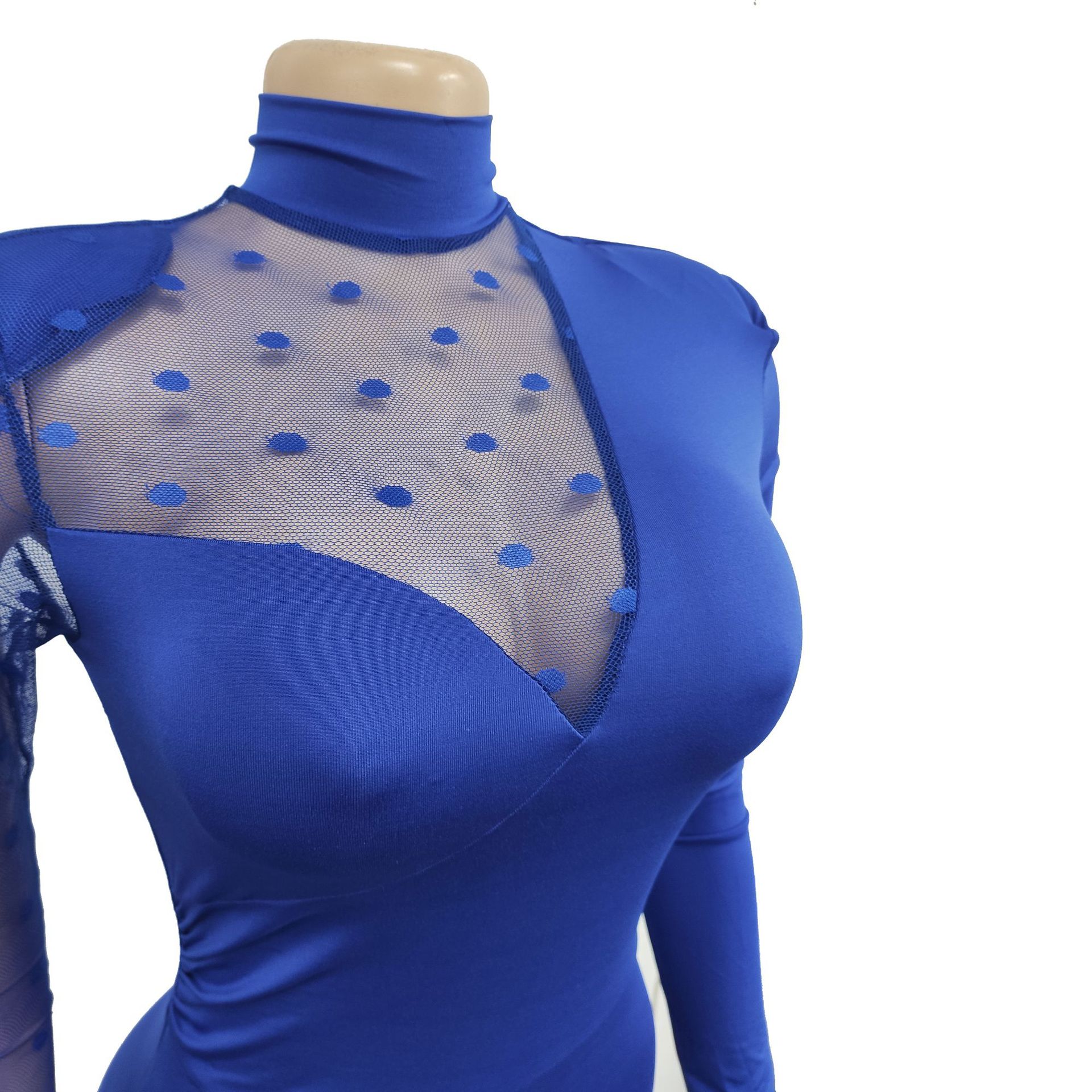 Women's Clothing fashion women's polka dot mesh see-through long-sleeved trousers solid color jumpsuit_voghion.com