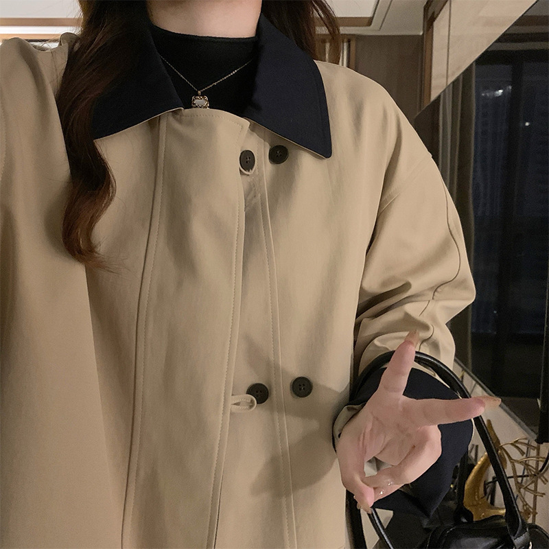 实拍复古巴恩风撞色翻领双排扣风衣女春秋休闲外套小个子中长款|undefined