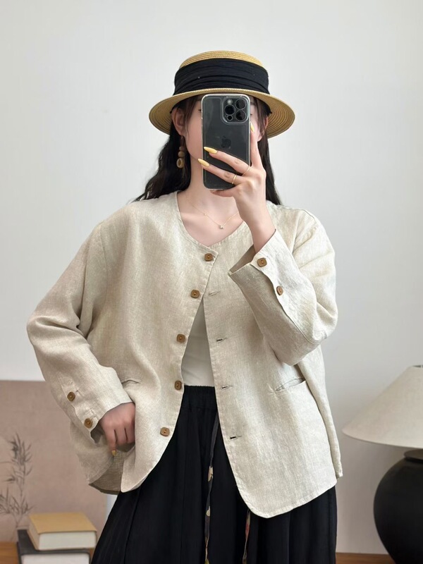 新款加厚亚麻衬衣短款薄外套长袖纯色开衫时尚休闲衬衫女|undefined