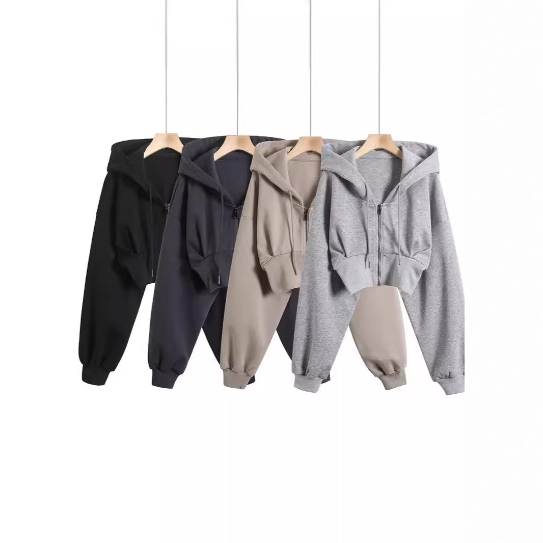 2025 Spring Style Hot Girl Short Waist-Cinching Crop Top Loose Hooded Sweatshirt for Women Versatile High-Waisted Zip-Up Jacket