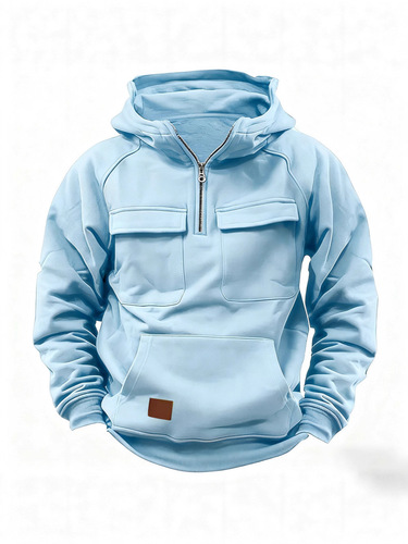 Spring and Autumn American Retro Hooded Loose Ribbed Sweatshirt for Men, Blue Multi-Pocket Pouch-Neck Outerwear
