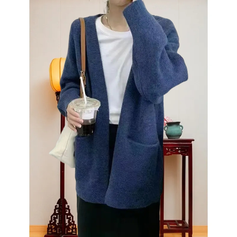 2025秋冬款日系复古毛衣外套长袖女士宽松慵懒风纯色针织开衫v领|undefined