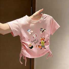 女童新款冰丝短袖T恤中小童夏季收腰抽绳可爱ins半袖可爱外穿上衣
