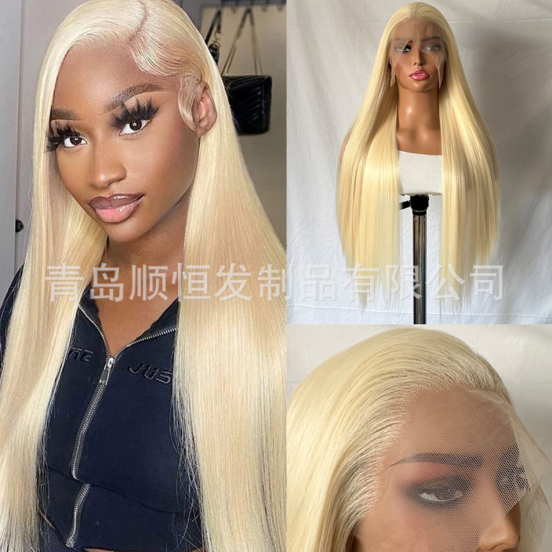 Qingdao factory cross-border wig women's long hair 613# front lace golden chemical fiber high temperature silk long straight hair a generation of hair