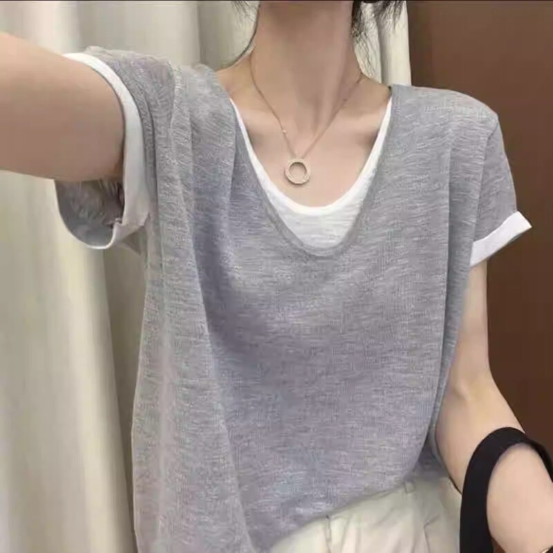偽のvネック半袖tシャツ女性の夏のゆったりとした衝突色のデザイン感アメリカのギャルchi百合上着|undefined