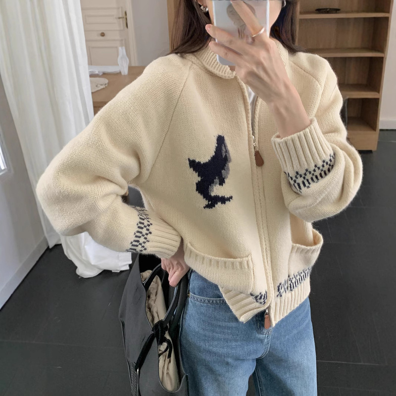 秋冬休闲翻领毛衣外套女2025新款复古提花慵懒风加厚针织拉链开衫|undefined