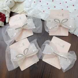 爱丽丝~新款韩国新款浅粉超仙兔耳朵亮钻蕾丝蝴蝶结发夹少女顶夹