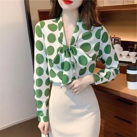 2025 Autumn New Korean Style Retro Large Polka Dot Bowknot Elegant Lady Chiffon Blouse for Women 2025 Autumn New Korean Style Retro Large Polka Dot Bowknot Elegant Lady Chiffon Blouse for Women