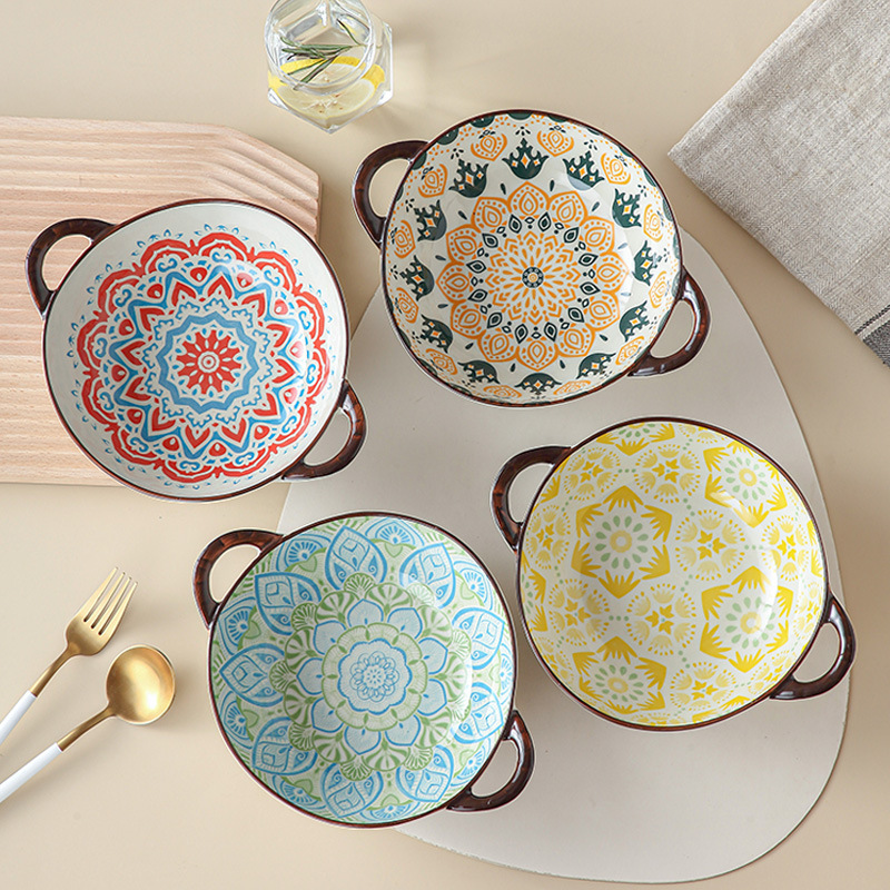 Bohemian Retro Binaural Shaped Bowl Japanese-style Underglaze Color Floral Lamian Noodle Bowl Household Ceramic Salah Bowl Rice Bowl