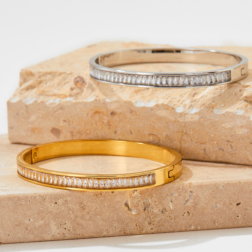 Bangle Classification Daily Occasion Elegant Geometric 304 Stainless Steel 16K Gold Plated White Gold Plated Gold Plated Zircon Bangle In Bulk