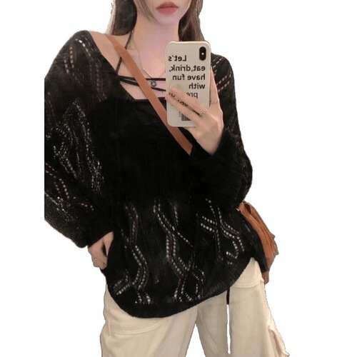 Hollow Strap Knit Sweater for Women - Spring/Summer 2025, Loose Fit White Long-Sleeve Design-Oriented Unique Top