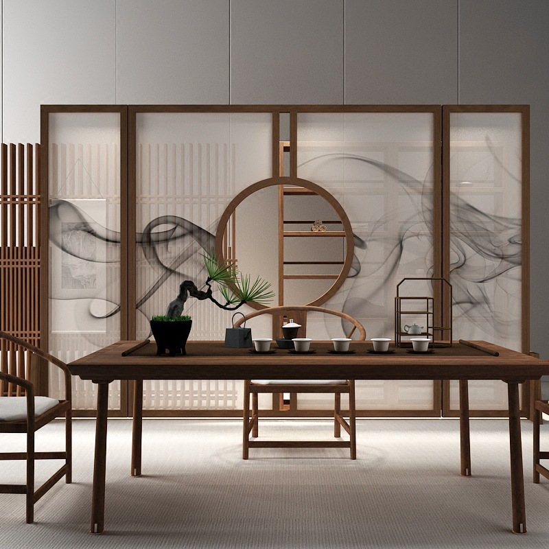 New Chinese Style Screen Partition Living Room Entrance Bedroom Office Hotel Solid Wood Mobile Semi-Transparent Gauze Ink Screen Screen