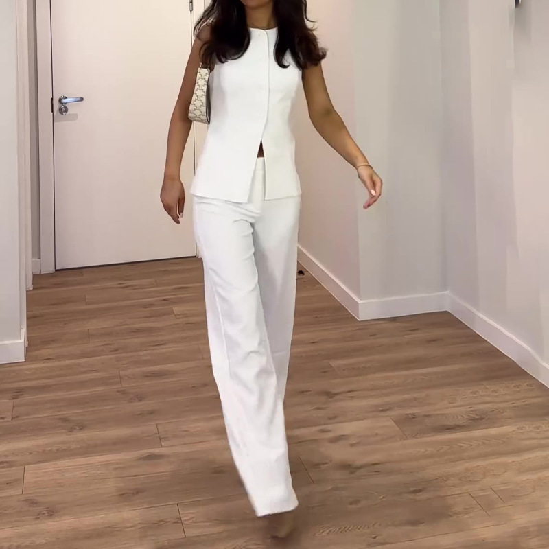 European and American Foreign Trade Women's Cross-border 2025 Summer Square Collar Sleeveless Vest Top High Waist Straight Pants Fashion suit