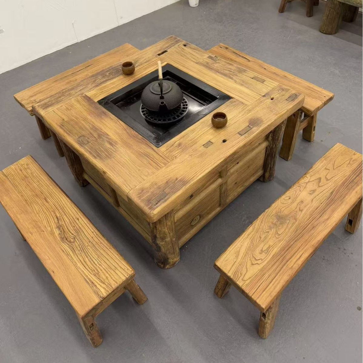 侘寂风围炉煮茶桌实木复古火锅桌家用餐桌烧烤阳台小茶几