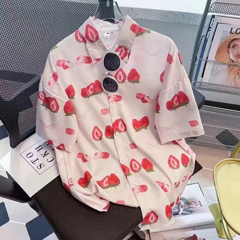 New Strawberry Print Short-Sleeved Shirt Summer Jacket Beach New Vacation Loose Popular Shirt Top