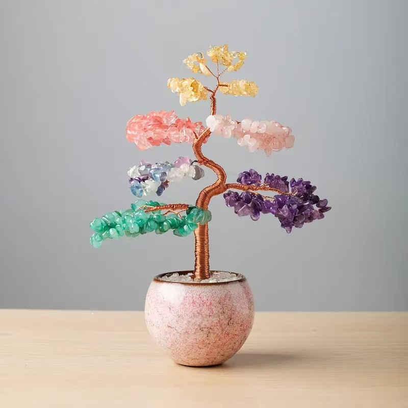 天然水晶カラフルな砂利金のなる木手織り桃の花を願い金のなる木ホームオフィス装飾|undefined