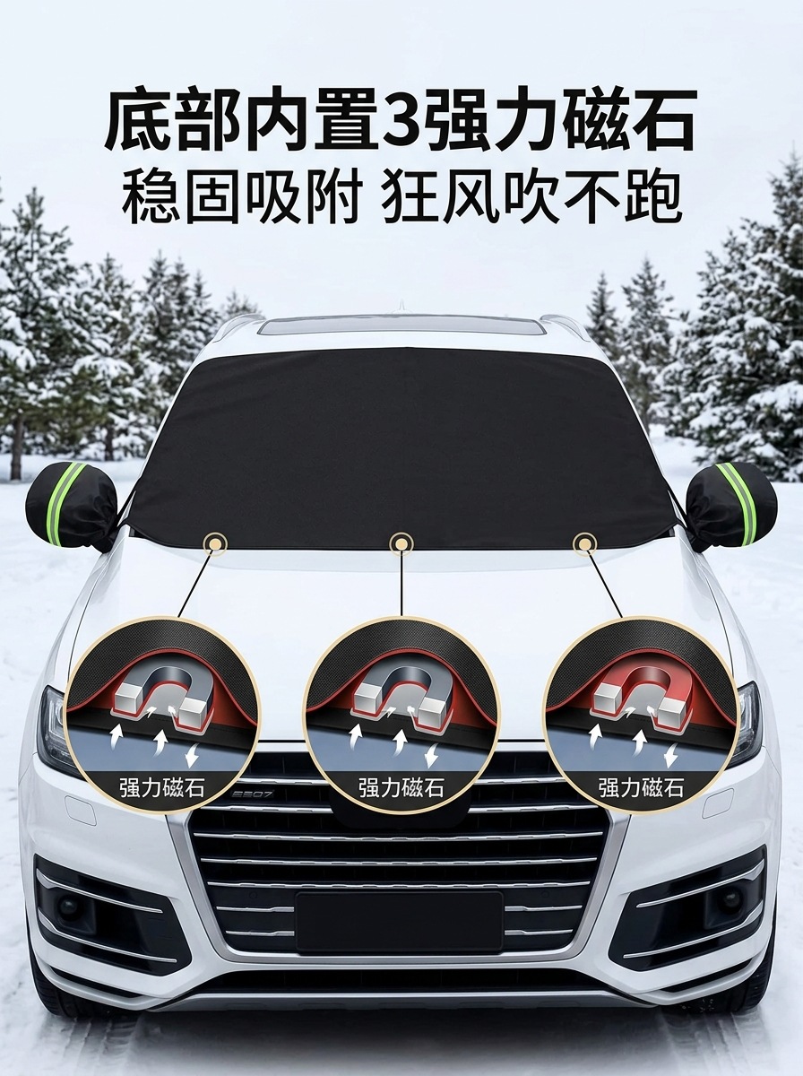 Car snow cover for front windshield, thickened windscreen, anti-freeze magnetic 600D Oxford cloth snow cover, car cover