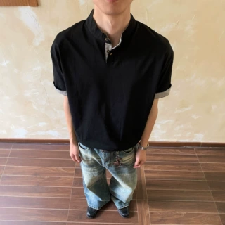 跨境外贸美式老钱风亨利领休闲短袖T恤男夏季千鸟格拼接宽松上衣