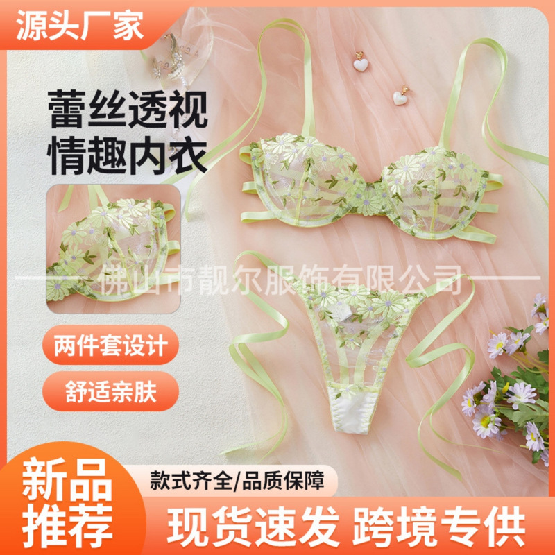 Cross-Border Autumn New Flower Embroidery Sexy Lace Sexy Underwear Set Pure Desire See-Through Bra Thong
