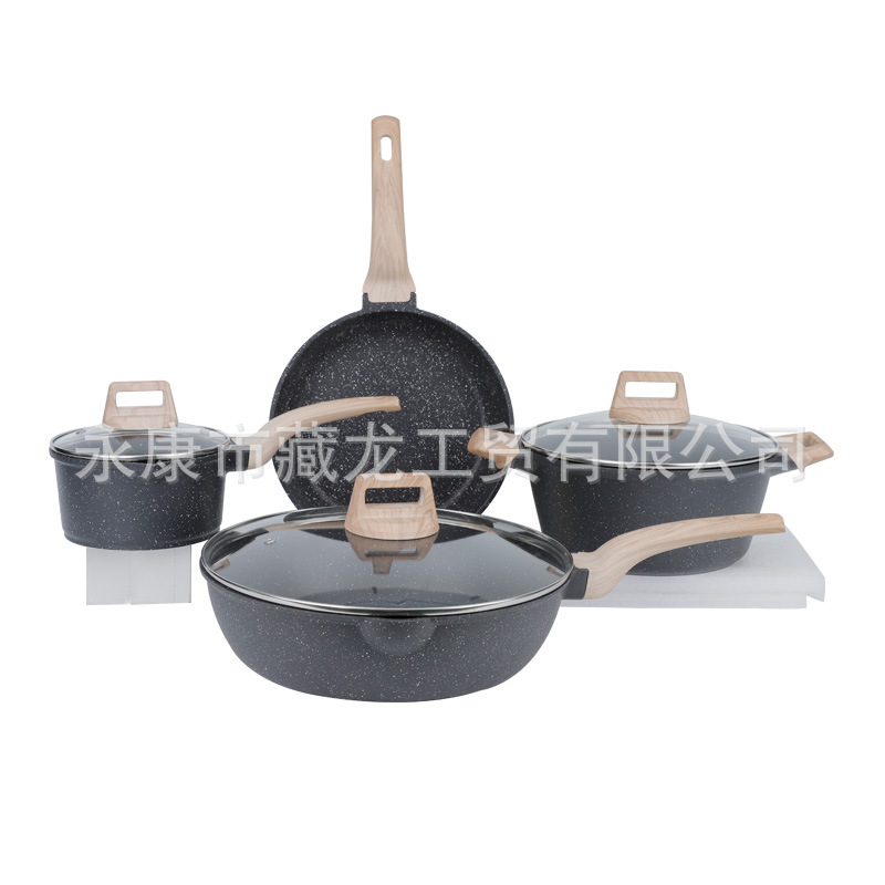 Olla antiadherente de piedra de arroz de recolección en caliente transfronteriza, juego de ollas domésticas gruesas, wok frito, olla de sopa, olla de regalo de cuatro piezas