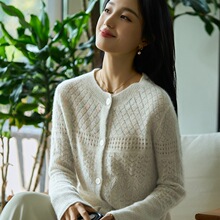 2025年秋冬新款纯羊毛圆领针织开衫长袖女彩丝镂空宽松百搭上衣