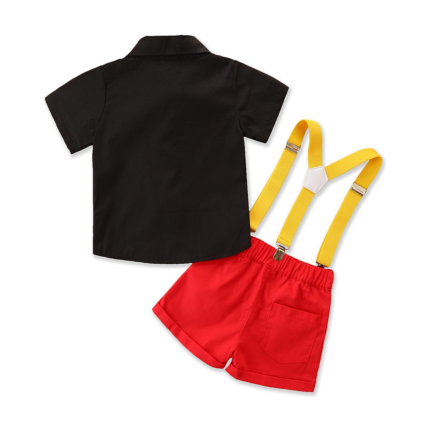 Terno infantil moderno, cor contrastante, camisa preta + macacão, calça vermelha, conjunto de 3 peças_voghion.com