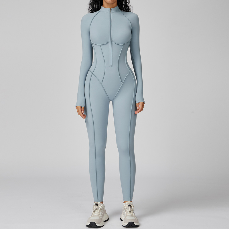 跨境撞色立领连体衣半拉链一体式健身服女高强度运动瑜伽服9326|undefined