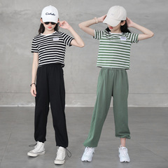 女童夏季運動套裝2023新款兒童洋氣條紋短袖中大童長褲寬鬆兩件套