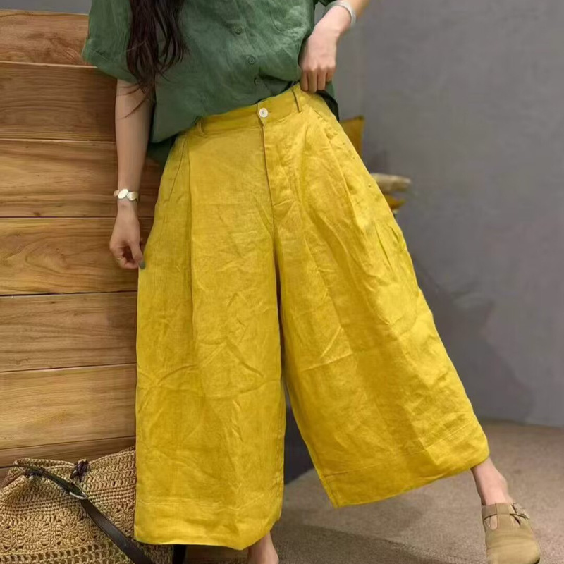 Summer New Style Solid Color Elastic Waist Loose Retro Wide-Leg Slimming Casual Cropped Pants for Women Summer New Style Solid Color Elastic Waist Loose Retro Wide-Leg Slimming Casual Cropped Pants for Women