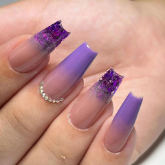 Mid-length purple ballet-style nail tips with dazzling glitter and delicate charm—perfect for a sweet, romantic, and youthful look!