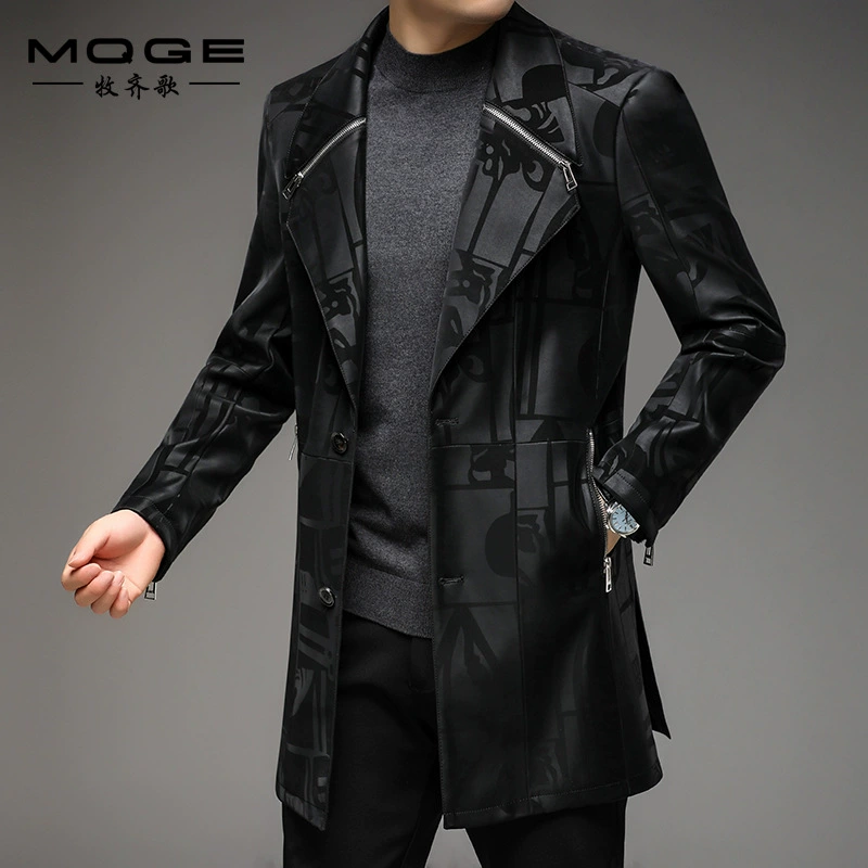 Новый осенне-зимний мужской кожаный плащ средней длины с воротником и цветочным принтом, Мужское пальто, приталенный Молодежный кожаный плащ в Корейском стиле
